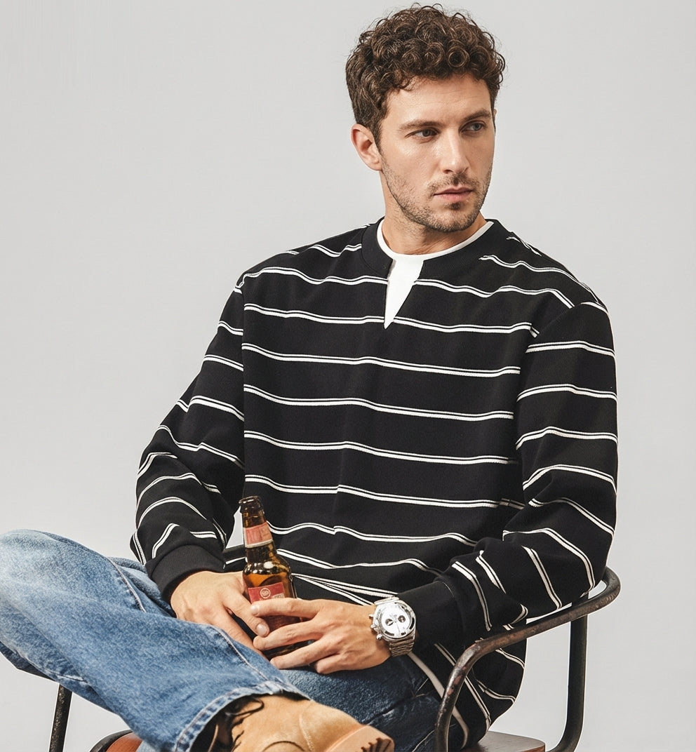 Sailors Stripe Tee with Dropped Shoulder Sleeves in Black
