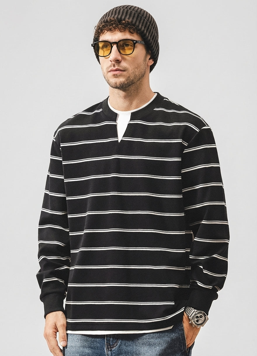 Sailors Stripe Tee with Dropped Shoulder Sleeves in Black