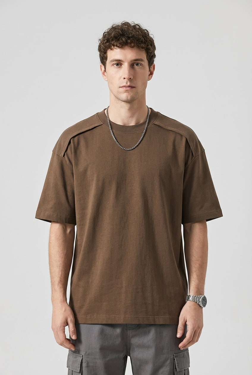 Shoulder Splice Panel Loose Tee in Brown