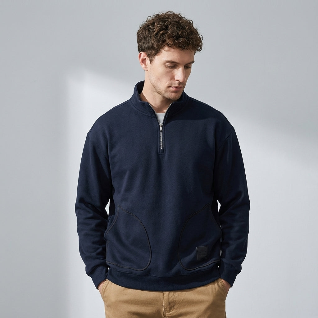 Quarter-Zip Fleece 500 GSM Jacket With Pockets in Navy Blue