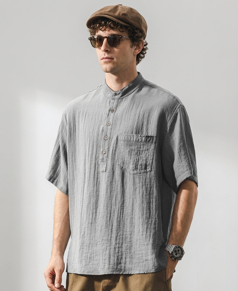 Stand Collar Viscose Smart Casual Grey Shirt