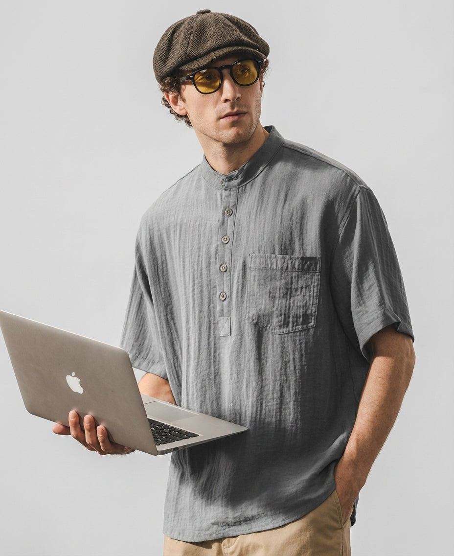 Stand Collar Viscose Smart Casual Grey Shirt
