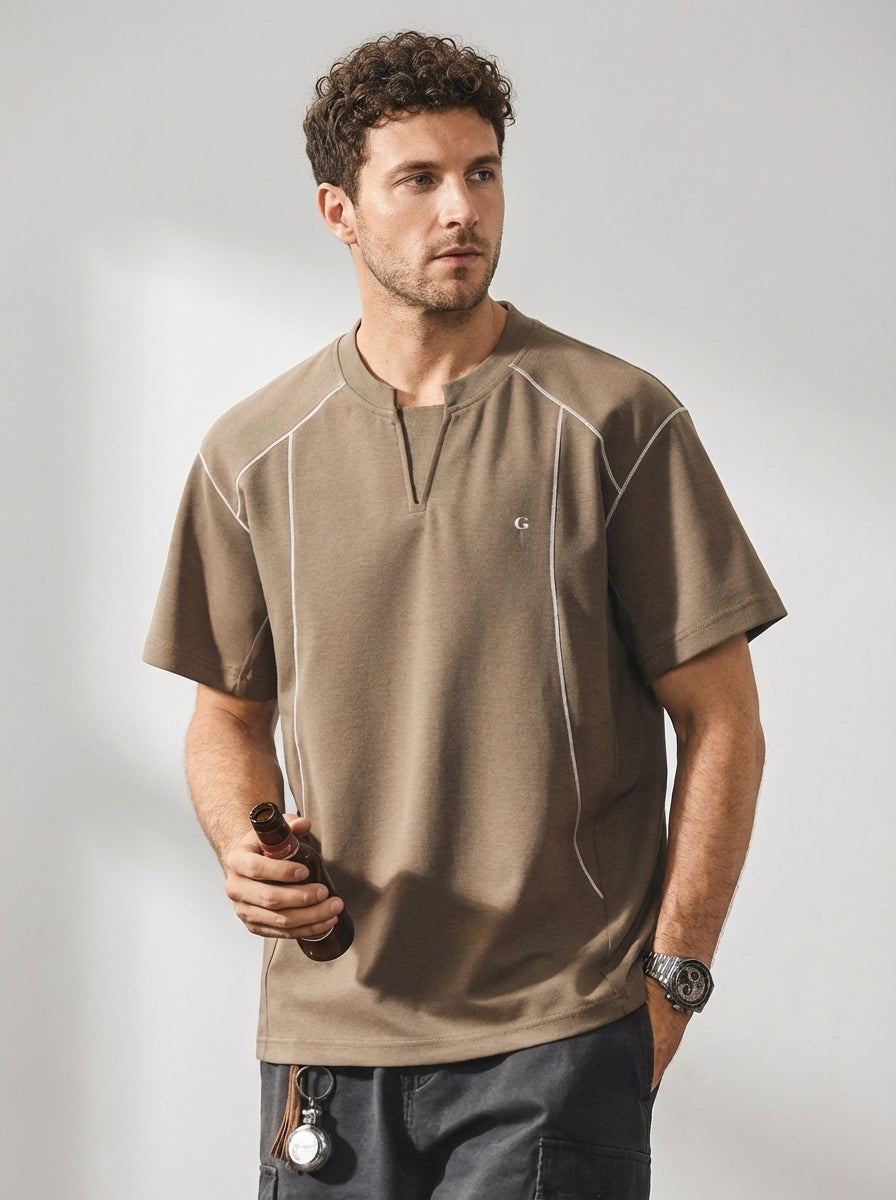 V-Placket Stitch Detail Tee in Khaki