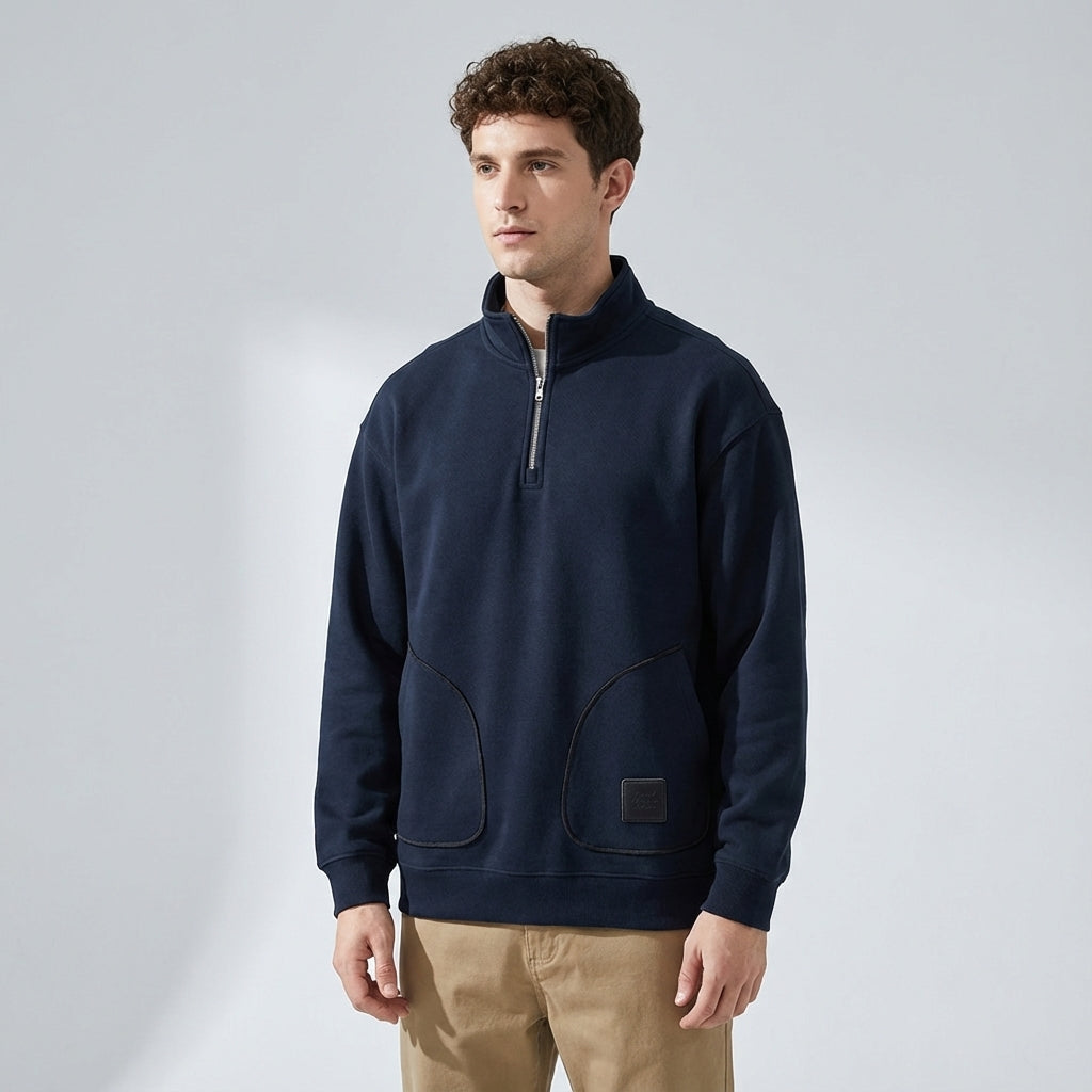 Quarter-Zip Fleece 500 GSM Jacket With Pockets in Navy Blue