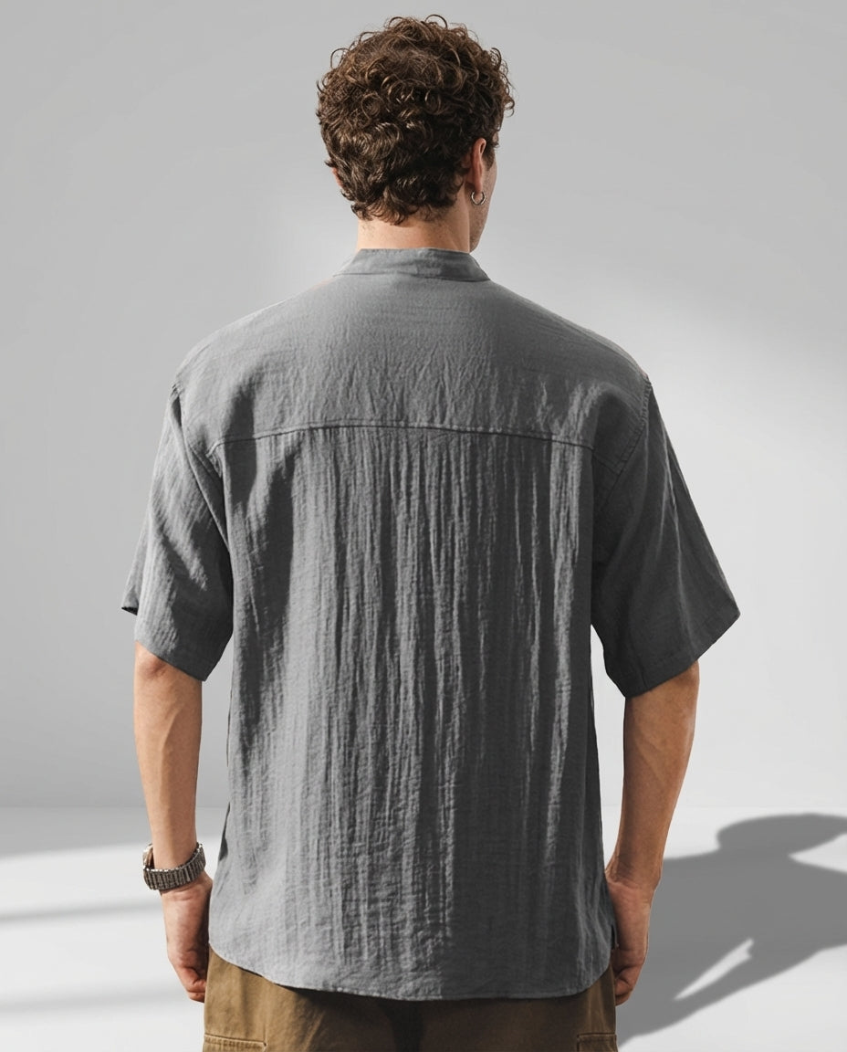 Stand Collar Viscose Smart Casual Grey Shirt