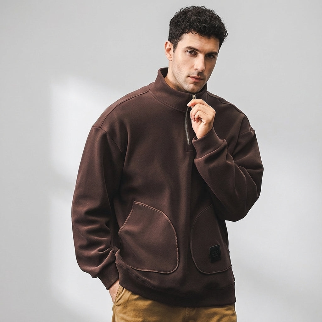 Quarter-Zip Fleece 500 GSM Jacket With Pockets in Black