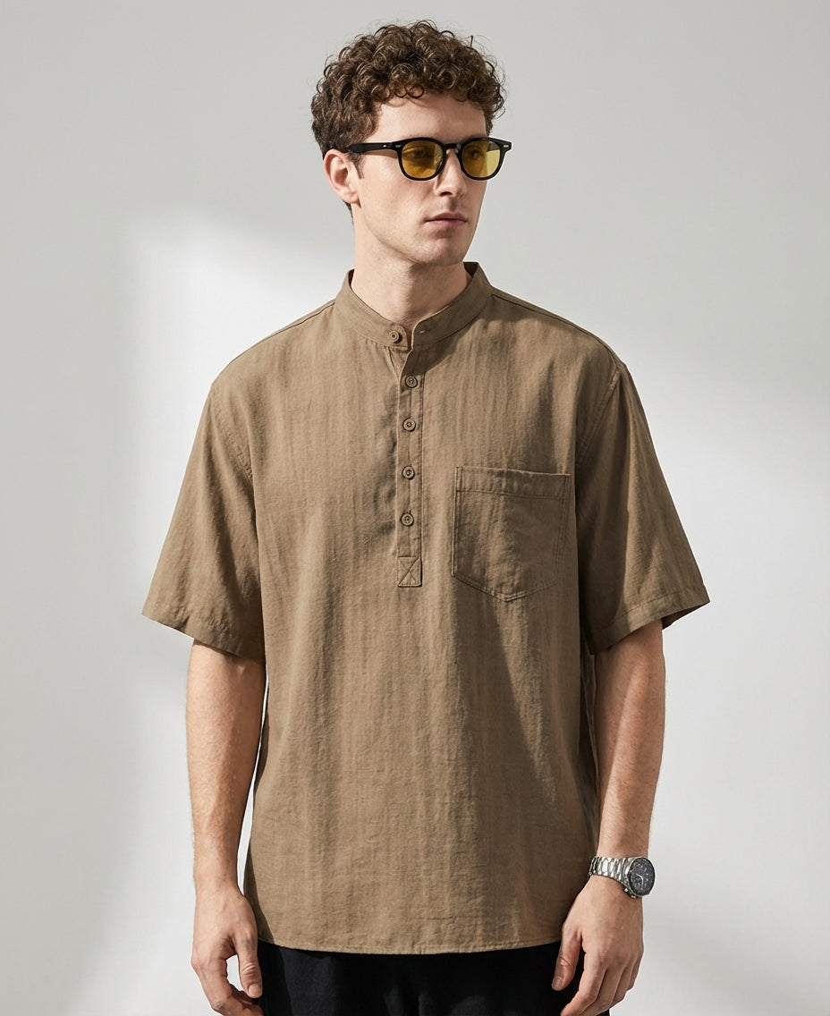 Stand Collar Viscose Smart Casual Khaki Shirt