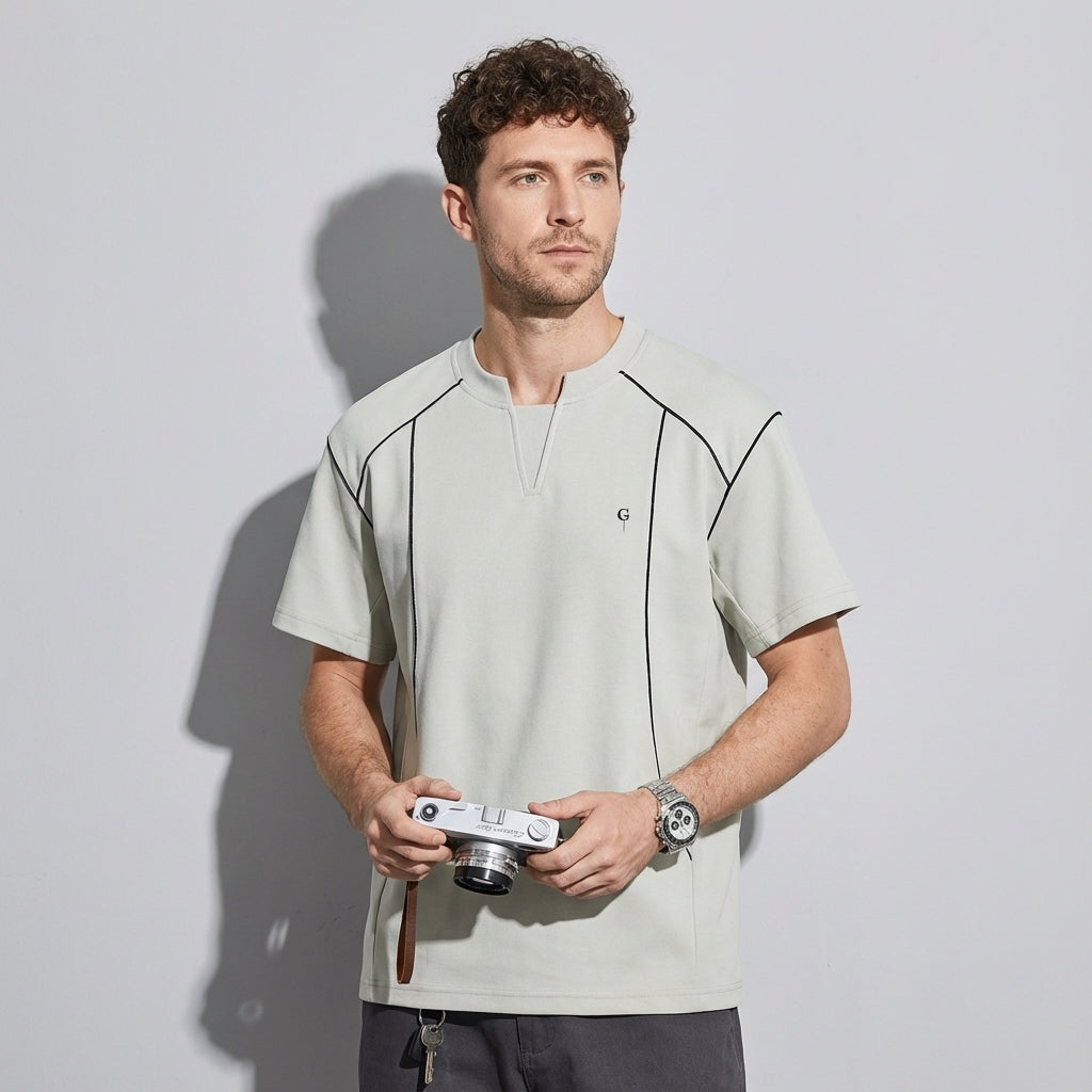 V-Placket Stitch Detail Tee in White