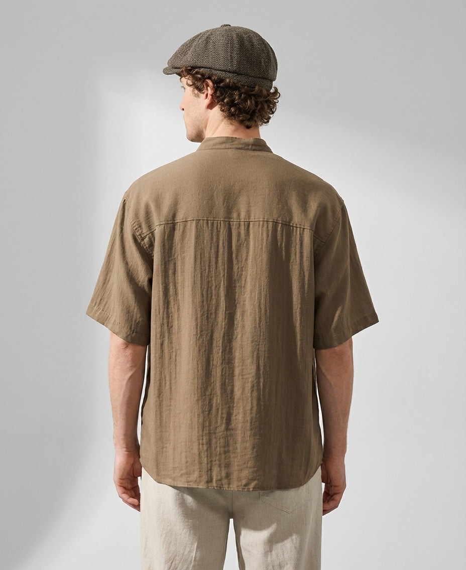Stand Collar Viscose Smart Casual Khaki Shirt