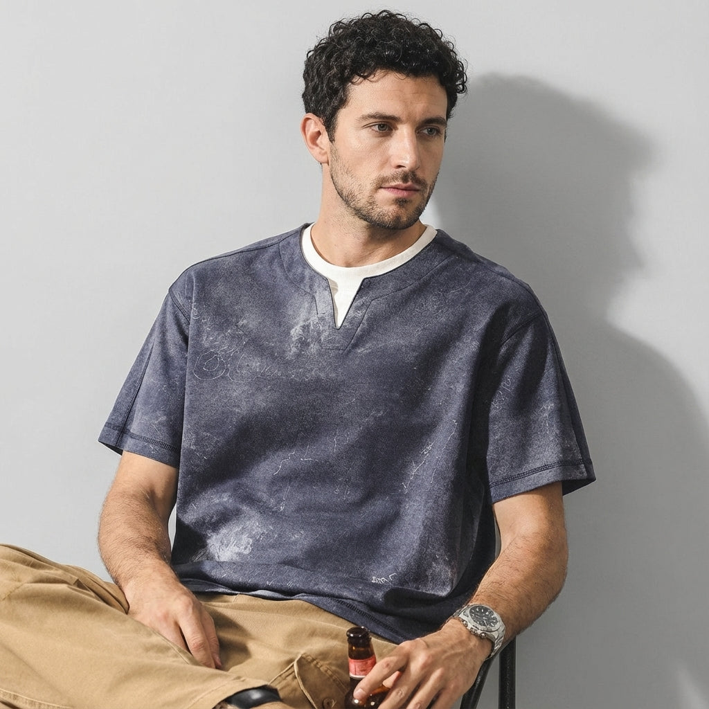Split Neck Tie-Dye Tee in Ash Grey