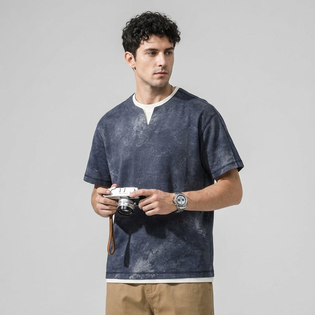 Split Neck Tie-Dye Tee in Ash Grey