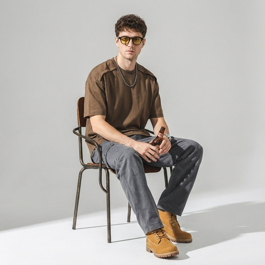 Shoulder Splice Panel Loose Tee in Brown