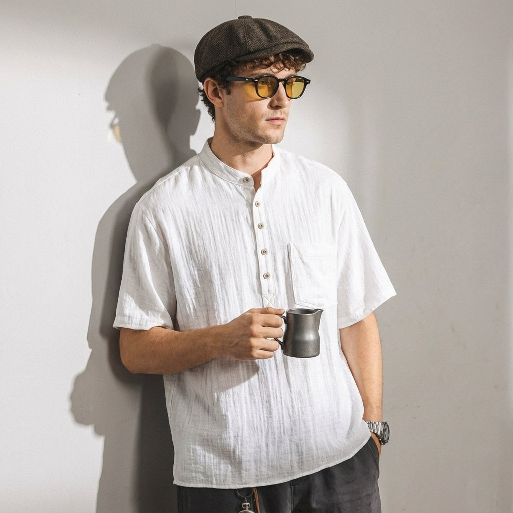 Stand Collar Viscose Smart Casual White Shirt
