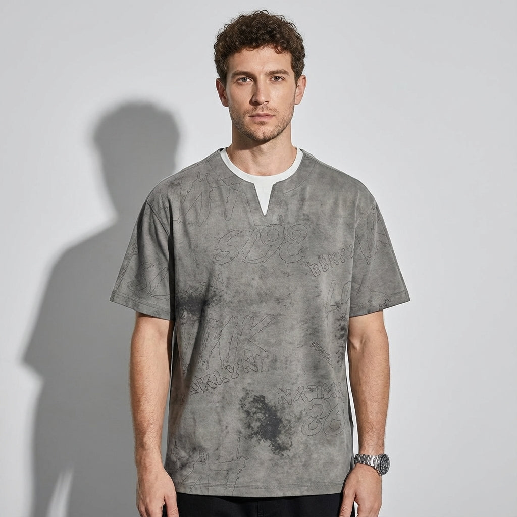 Split Neck Tie-Dye Tee in Classic Blue