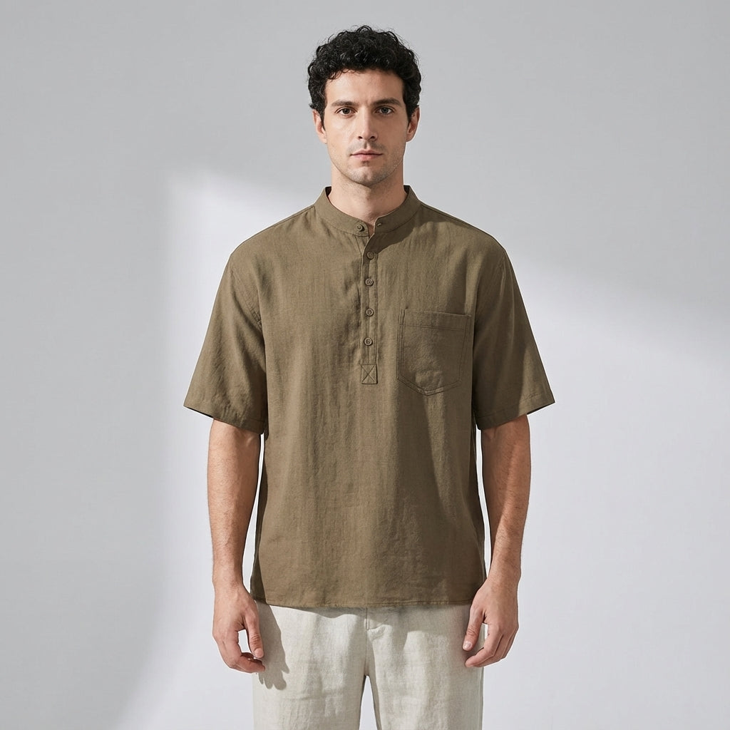 Stand Collar Viscose Smart Casual Khaki Shirt