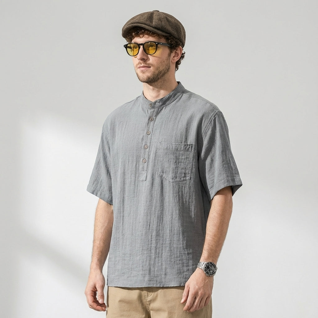 Stand Collar Viscose Smart Casual Grey Shirt