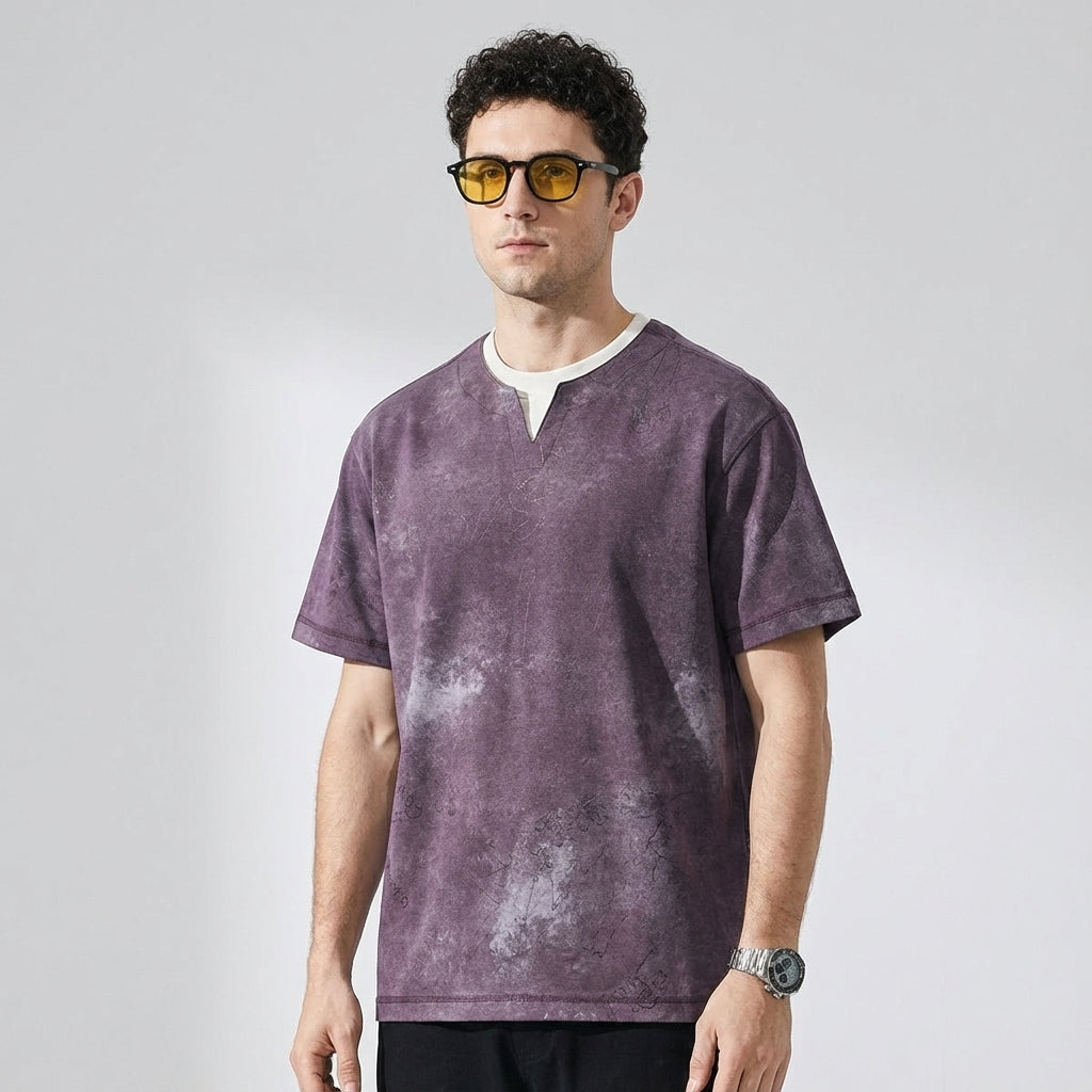 Split Neck Tie-Dye Tee in Dusty Plum Wash