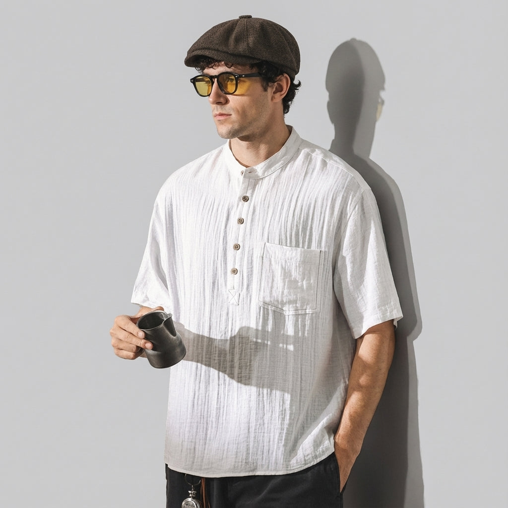 Stand Collar Viscose Smart Casual White Shirt