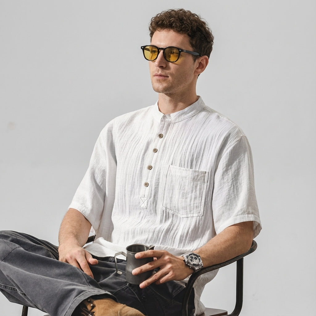 Stand Collar Viscose Smart Casual White Shirt