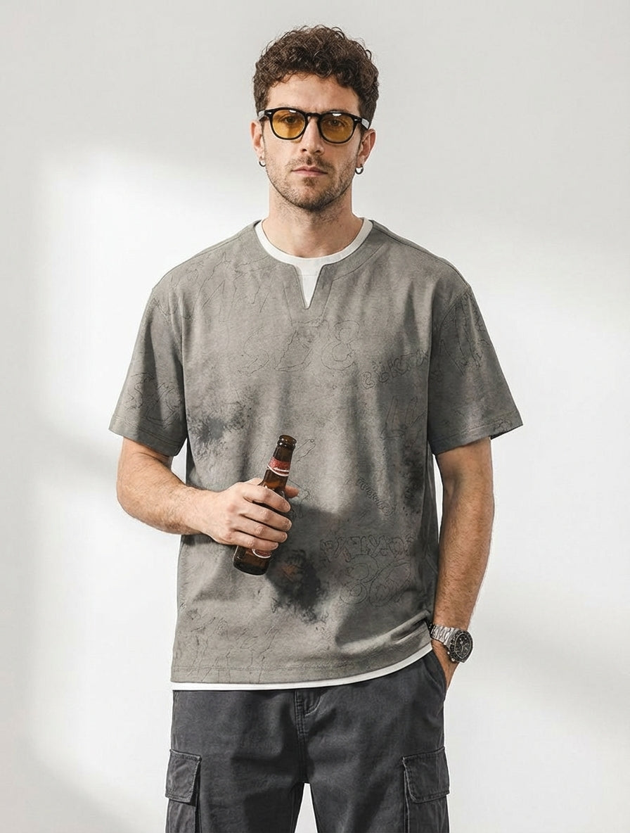 Split Neck Tie-Dye Tee in Classic Blue