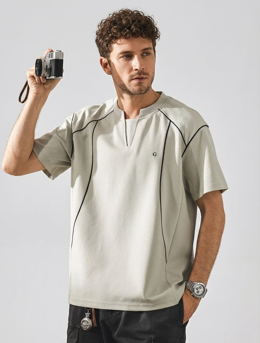 V-Placket Stitch Detail Tee in White