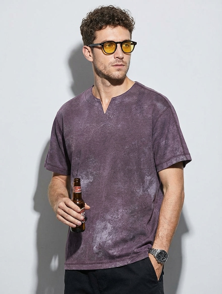 Split Neck Tie-Dye Tee in Dusty Plum Wash