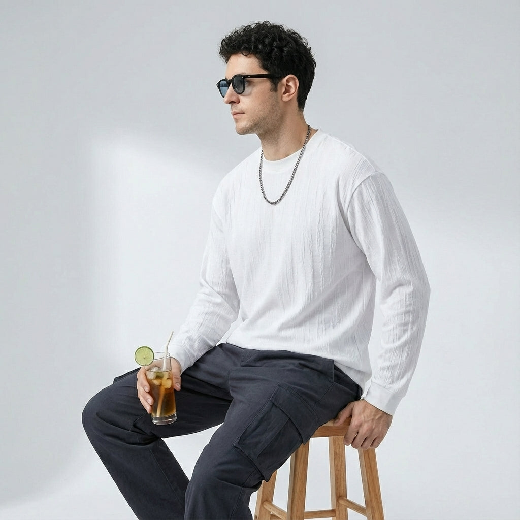 Tree Grain Texture Dropped Shoulder Sleeve Tee