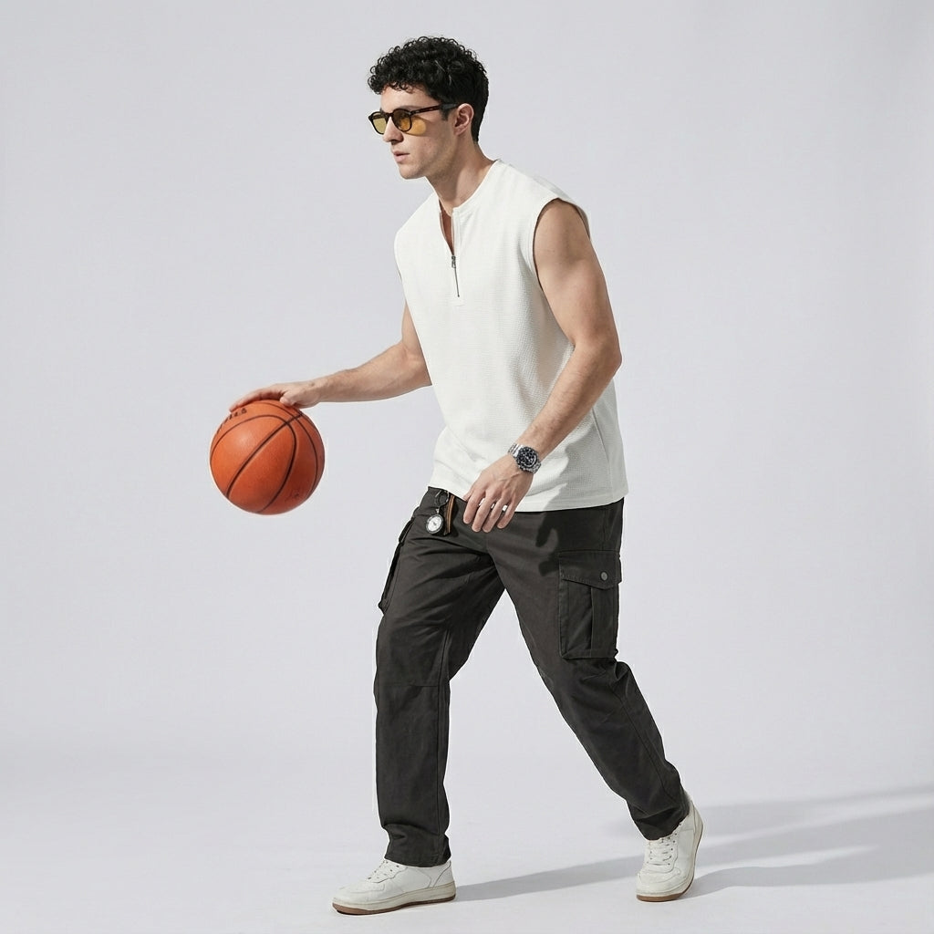 Waffle Grid Zip T-Shirt Vest in White