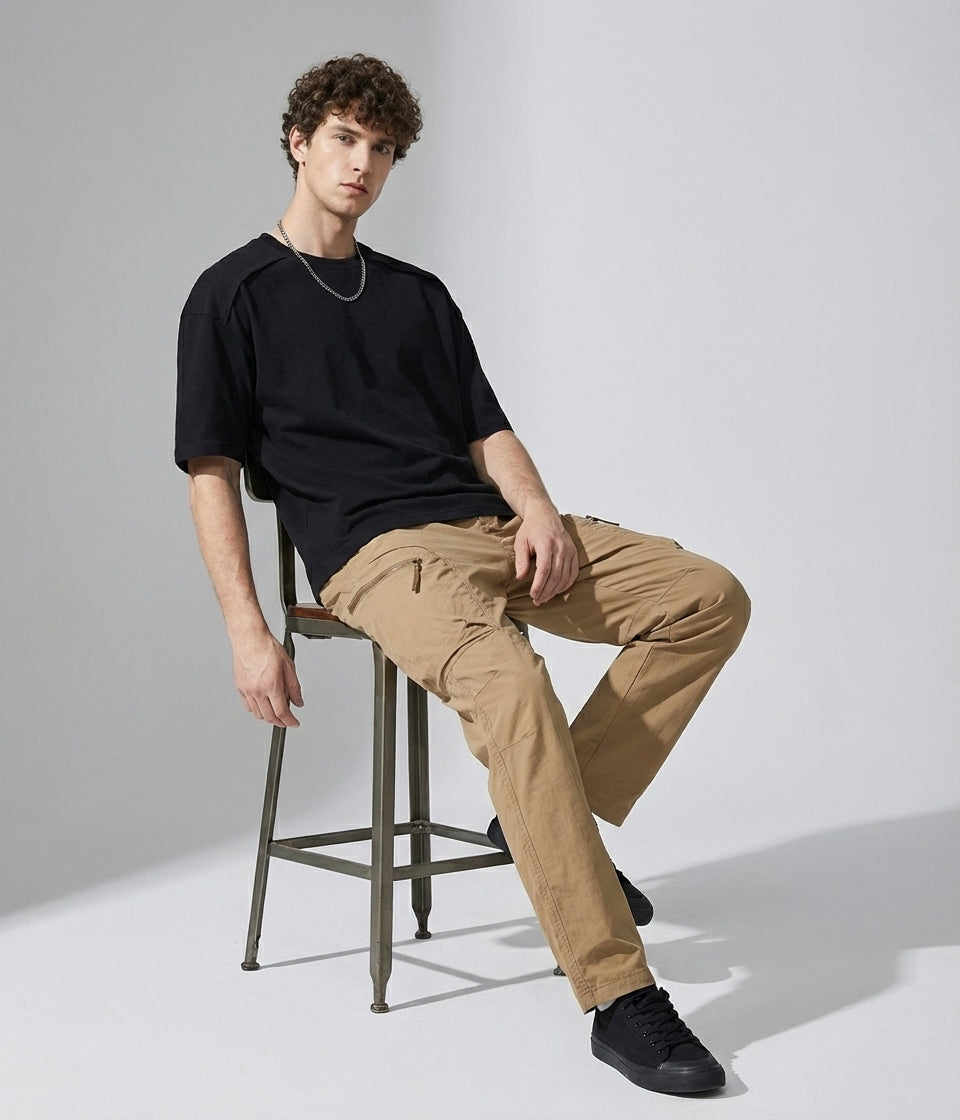 Shoulder Splice Panel Loose Tee in Black