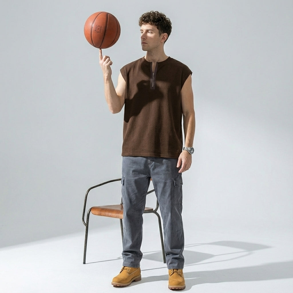 Waffle Grid Zip T-Shirt Vest in Brown