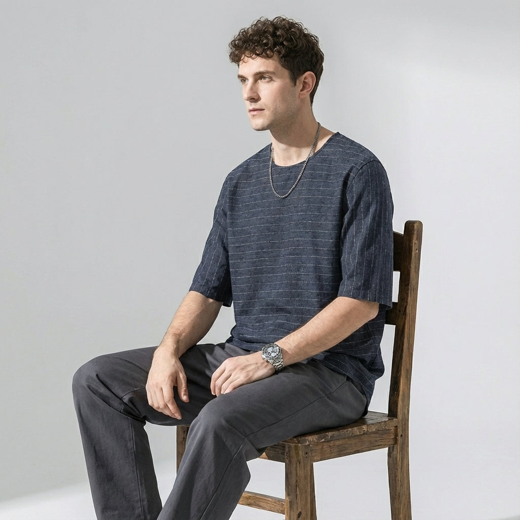 Textured Stitch Crew Tee in Navy Blue
