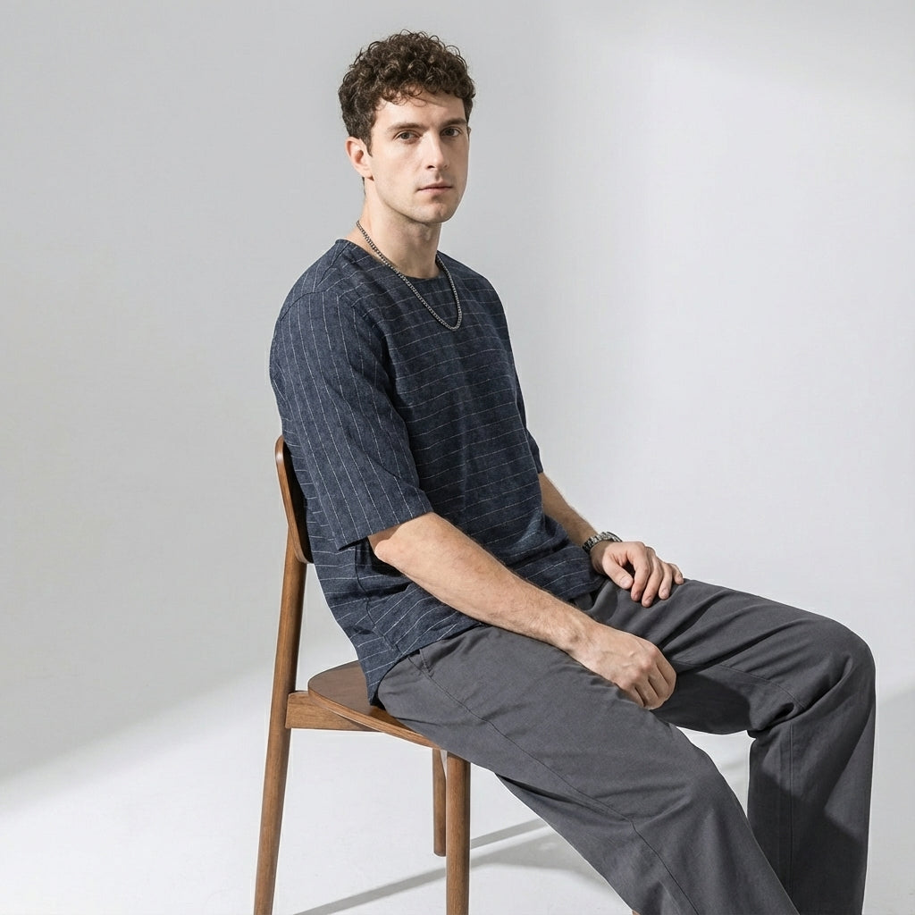 Textured Stitch Crew Tee in Navy Blue