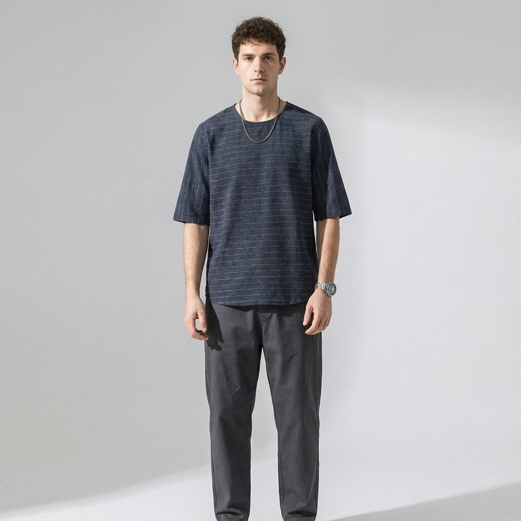 Textured Stitch Crew Tee in Navy Blue