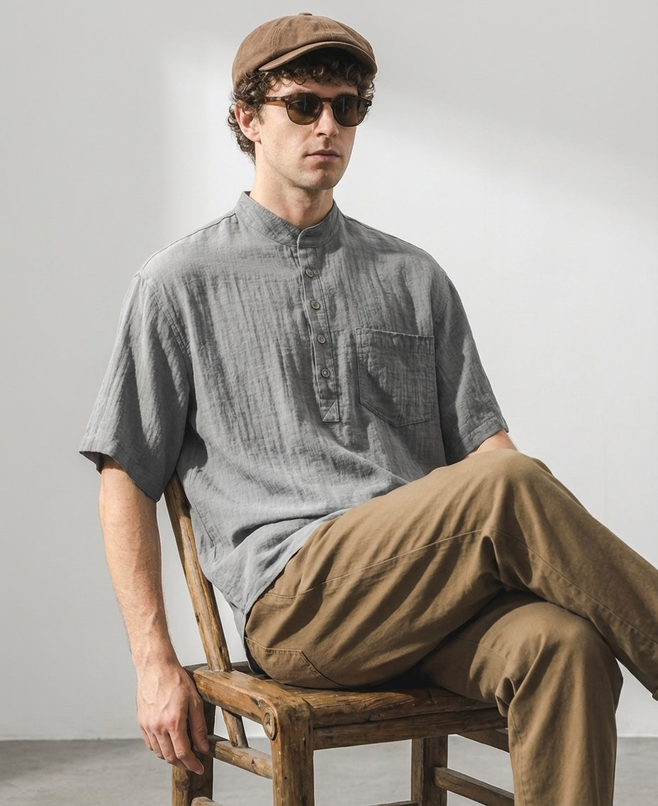 Stand Collar Viscose Smart Casual Grey Shirt