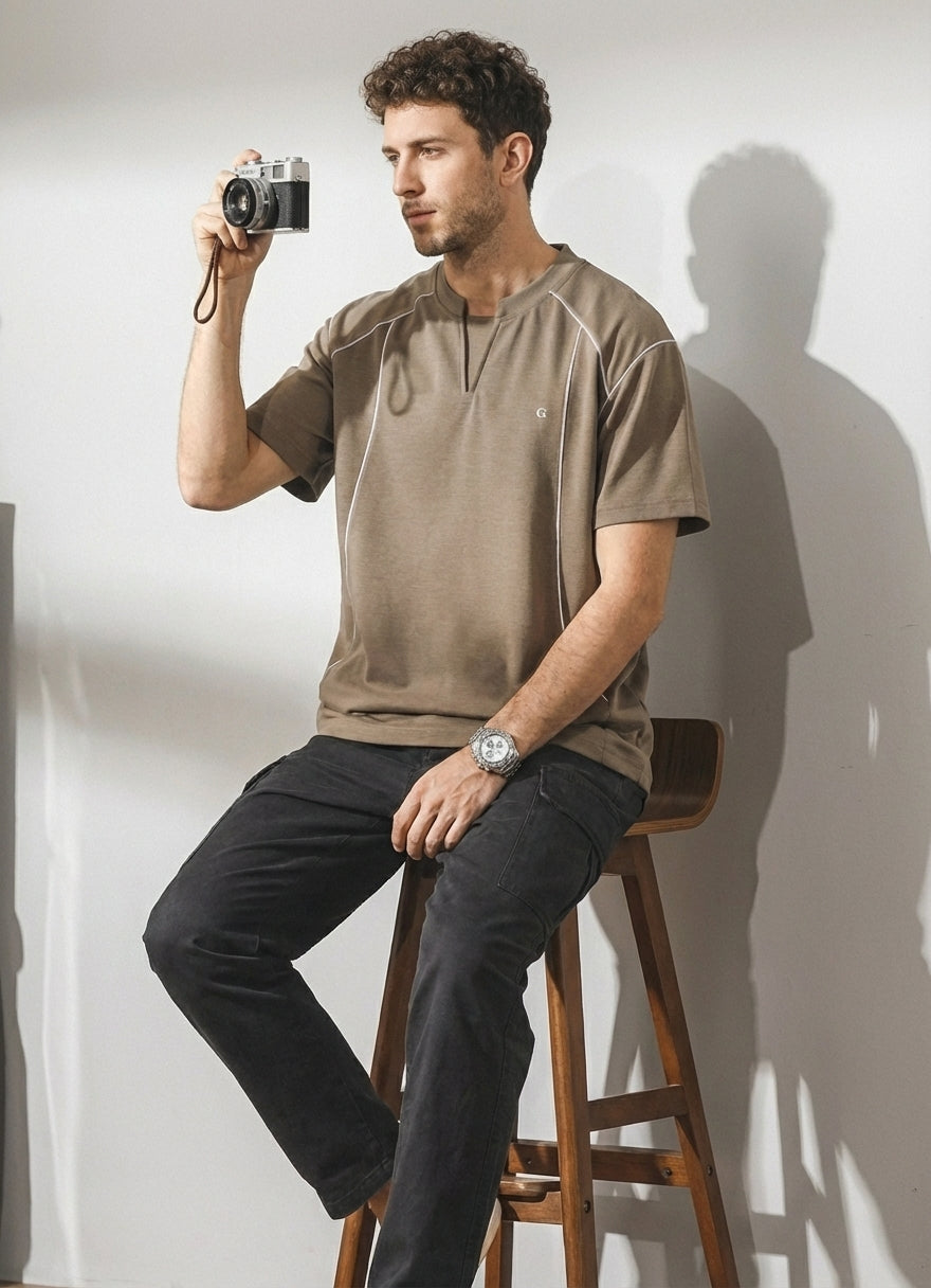 V-Placket Stitch Detail Tee in Khaki