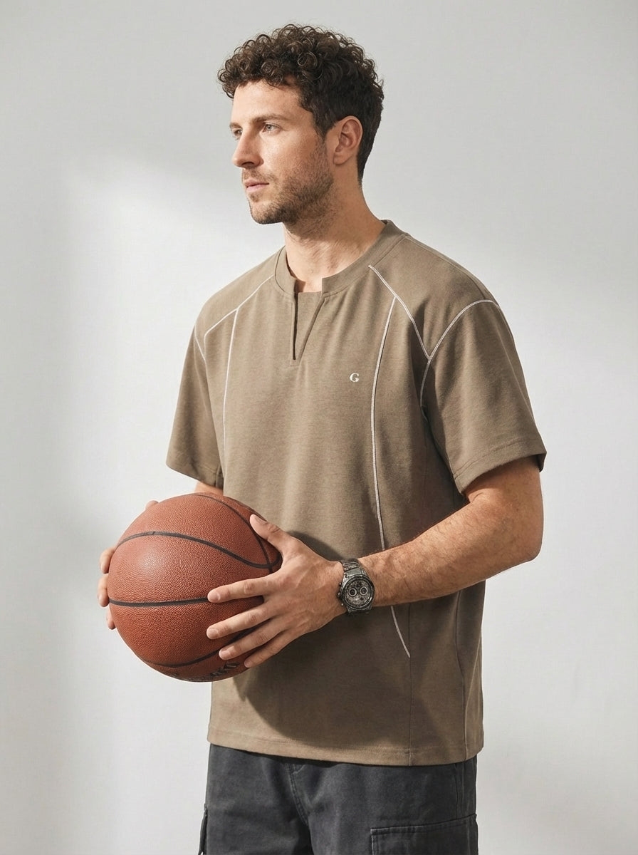 V-Placket Stitch Detail Tee in Khaki