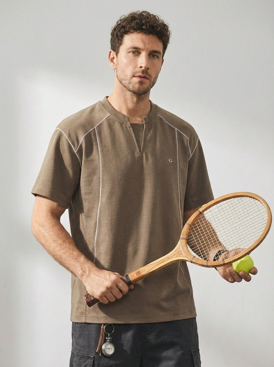 V-Placket Stitch Detail Tee in Khaki