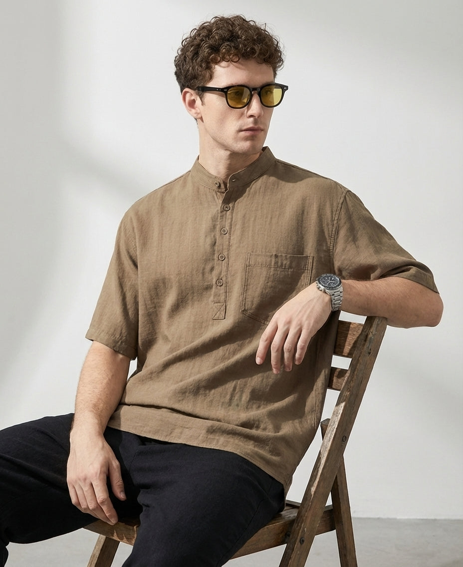 Stand Collar Viscose Smart Casual Khaki Shirt