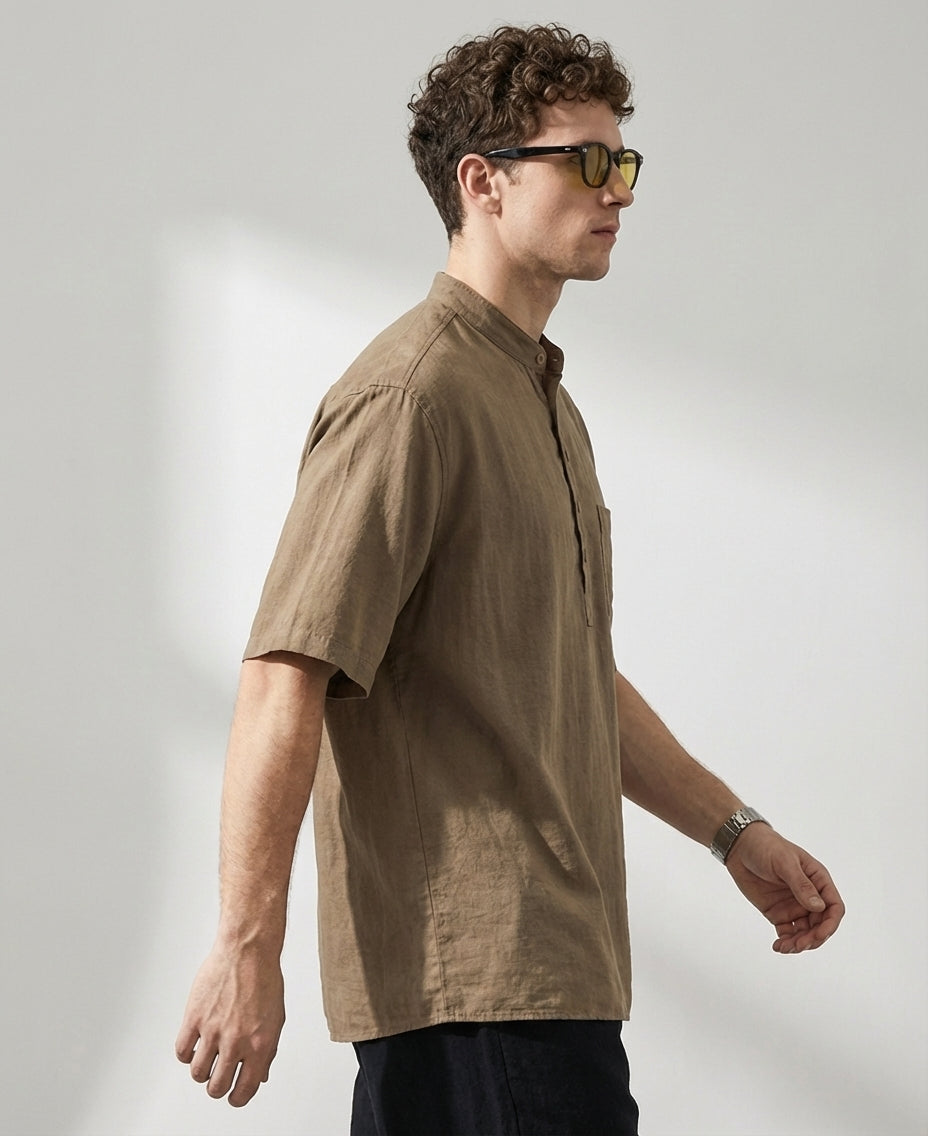 Stand Collar Viscose Smart Casual Khaki Shirt