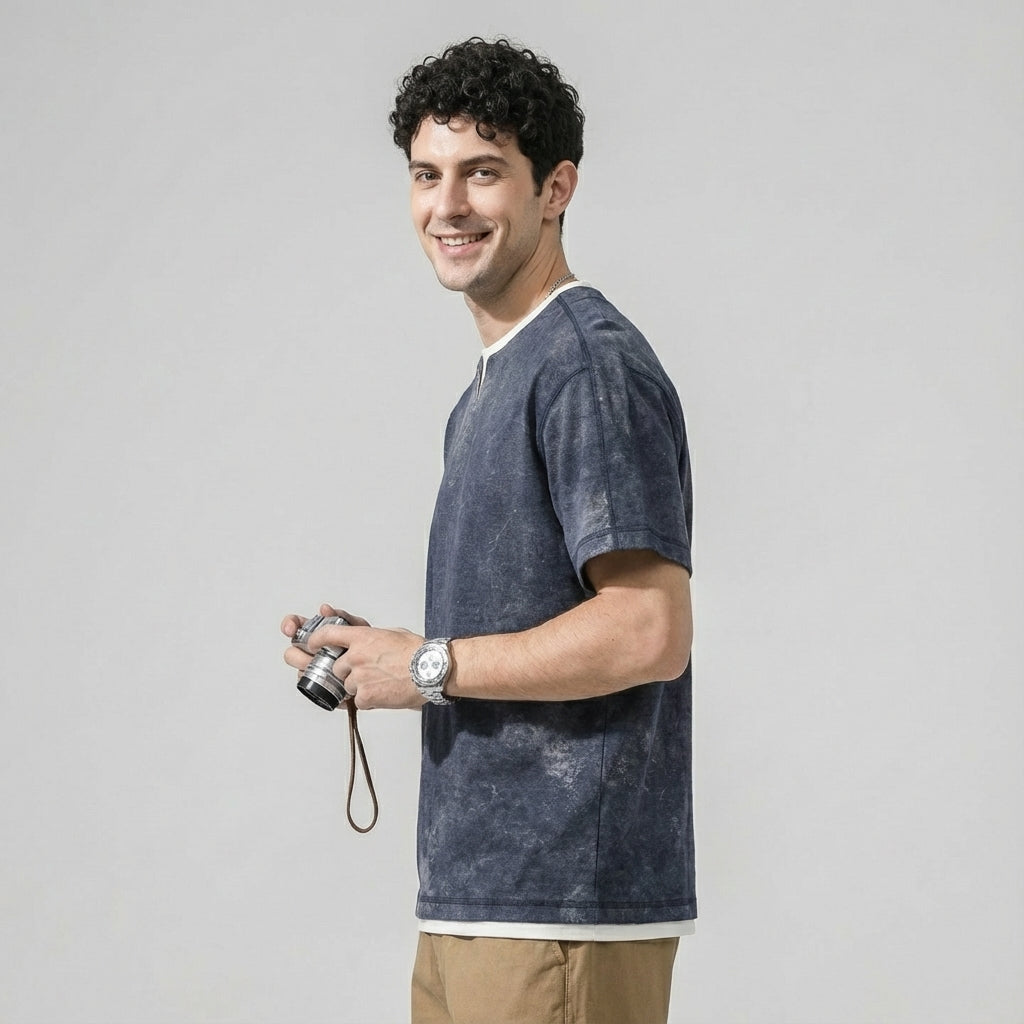 Split Neck Tie-Dye Tee in Ash Grey