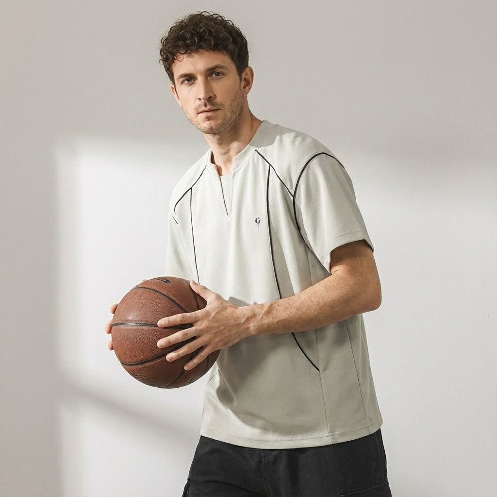 V-Placket Stitch Detail Tee in White