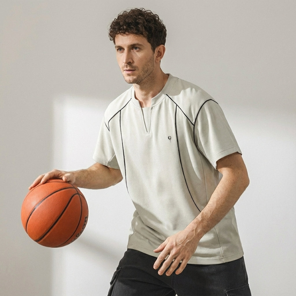 V-Placket Stitch Detail Tee in White