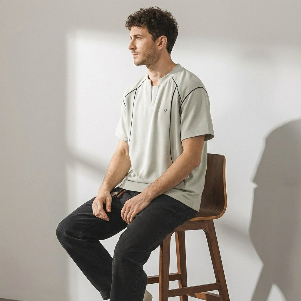 V-Placket Stitch Detail Tee in White