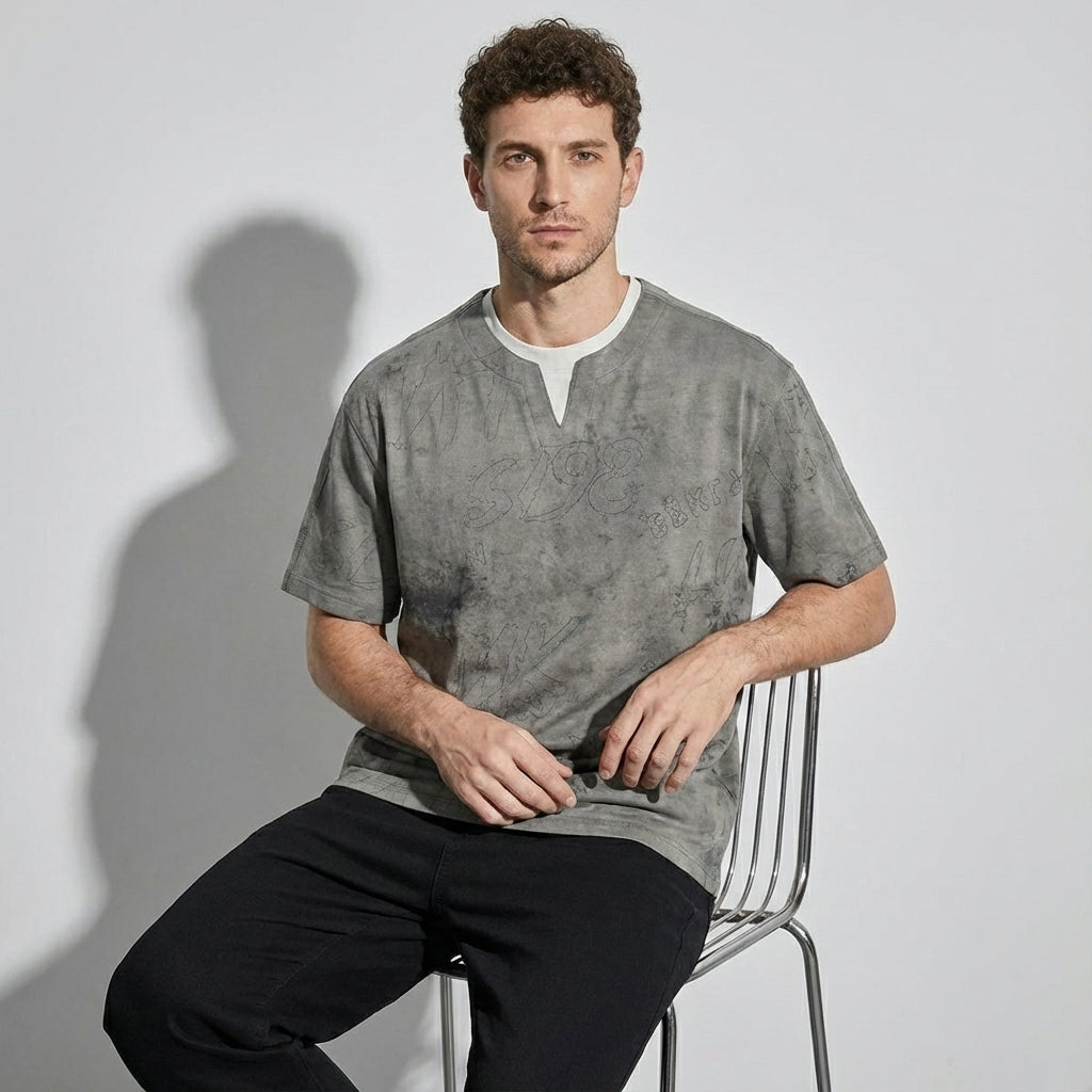 Split Neck Tie-Dye Tee in Classic Blue