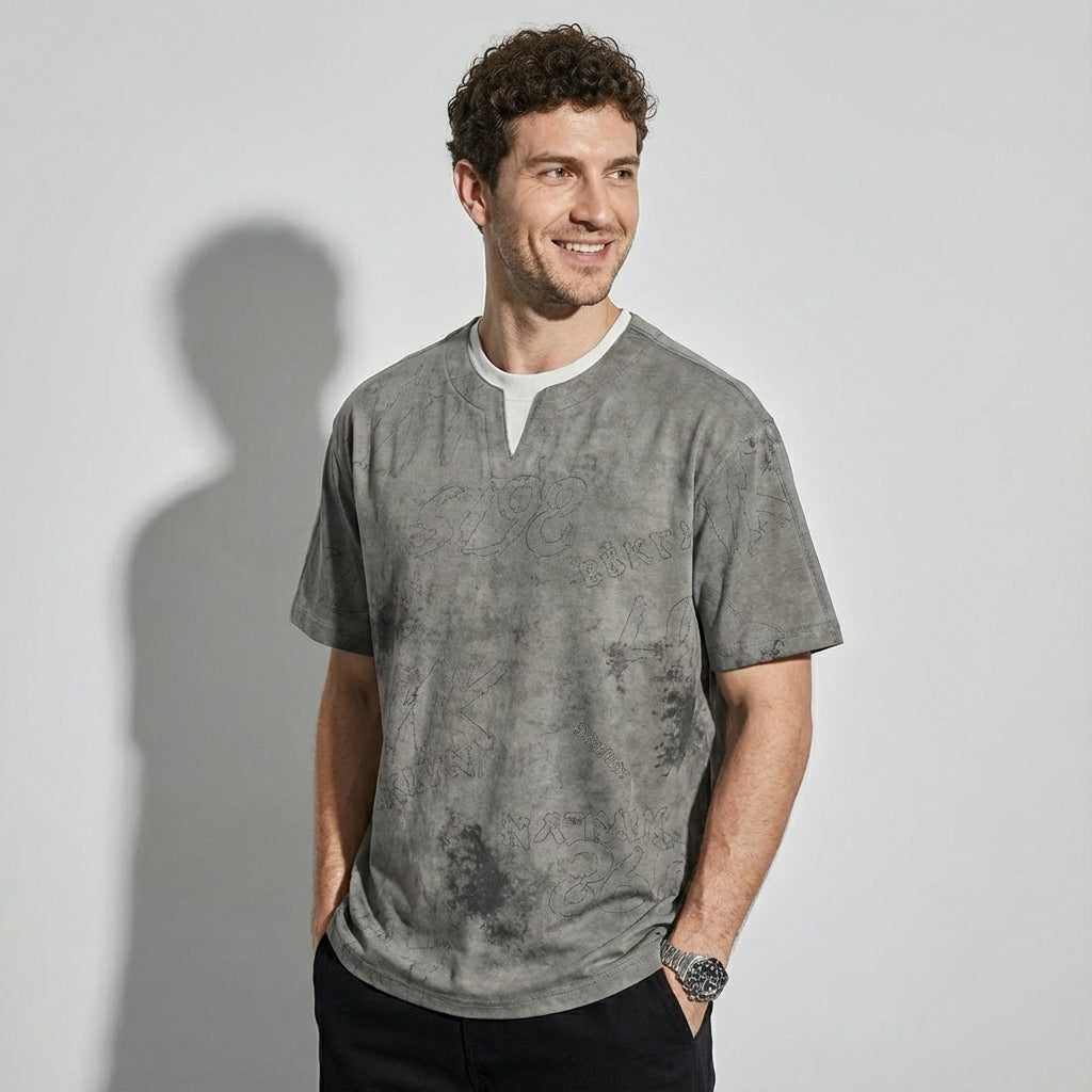 Split Neck Tie-Dye Tee in Classic Blue