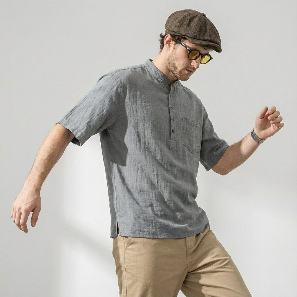 Stand Collar Viscose Smart Casual Grey Shirt
