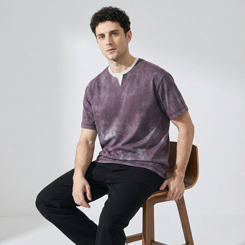 Split Neck Tie-Dye Tee in Dusty Plum Wash