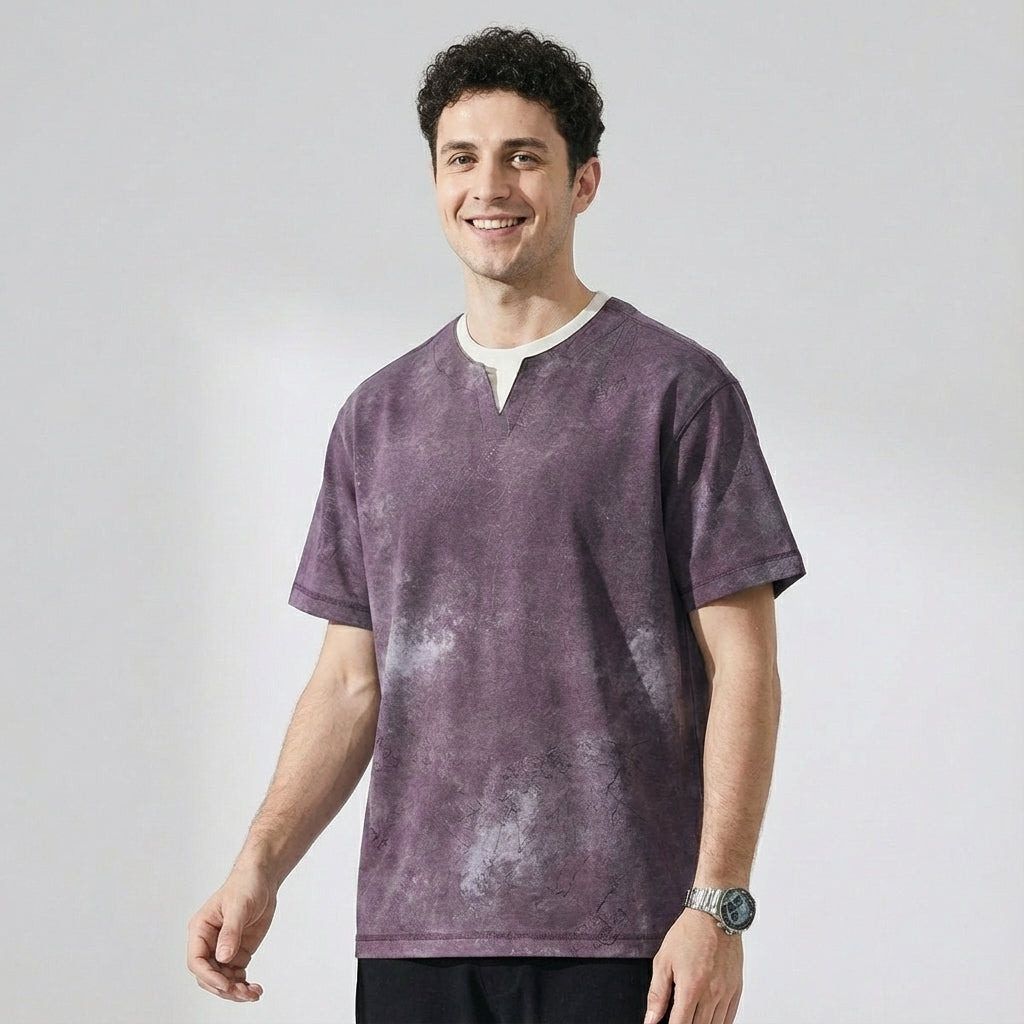 Split Neck Tie-Dye Tee in Dusty Plum Wash